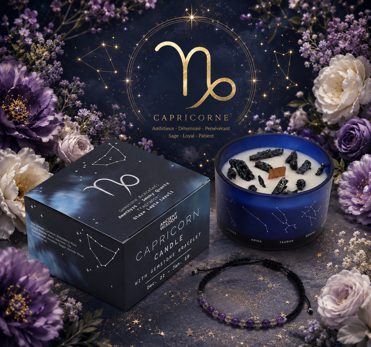 Bougie de Cristal du Zodiaque avec Bracelet de Pierres Précieuses - Capricorne