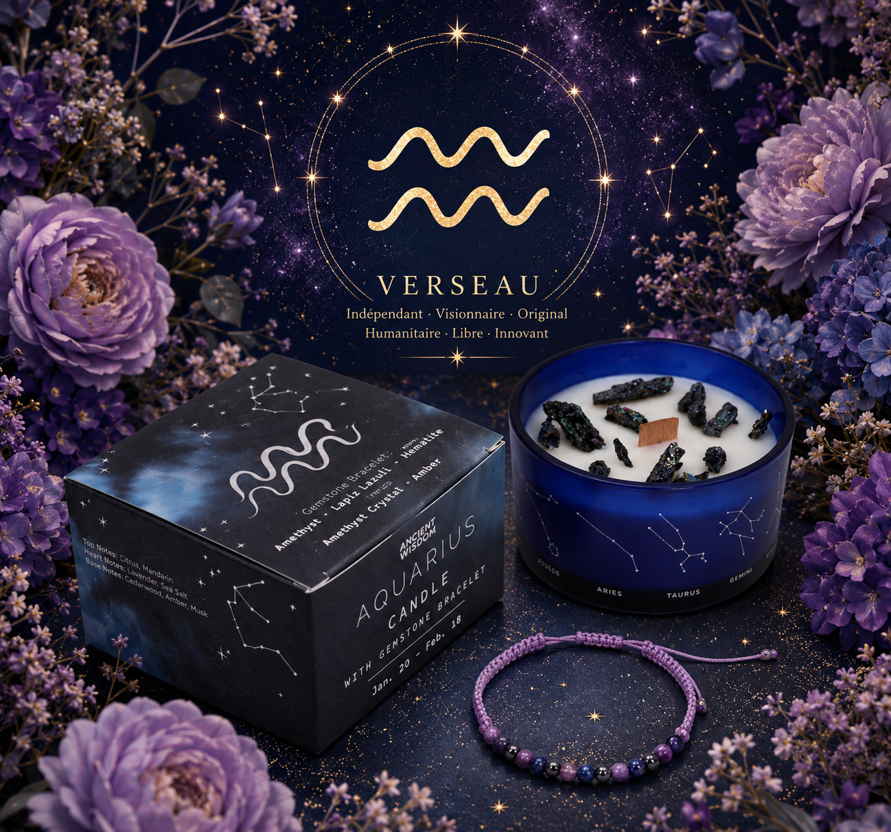 Bougie de Cristal du Zodiaque avec Bracelet de Pierres Précieuses - Verseau