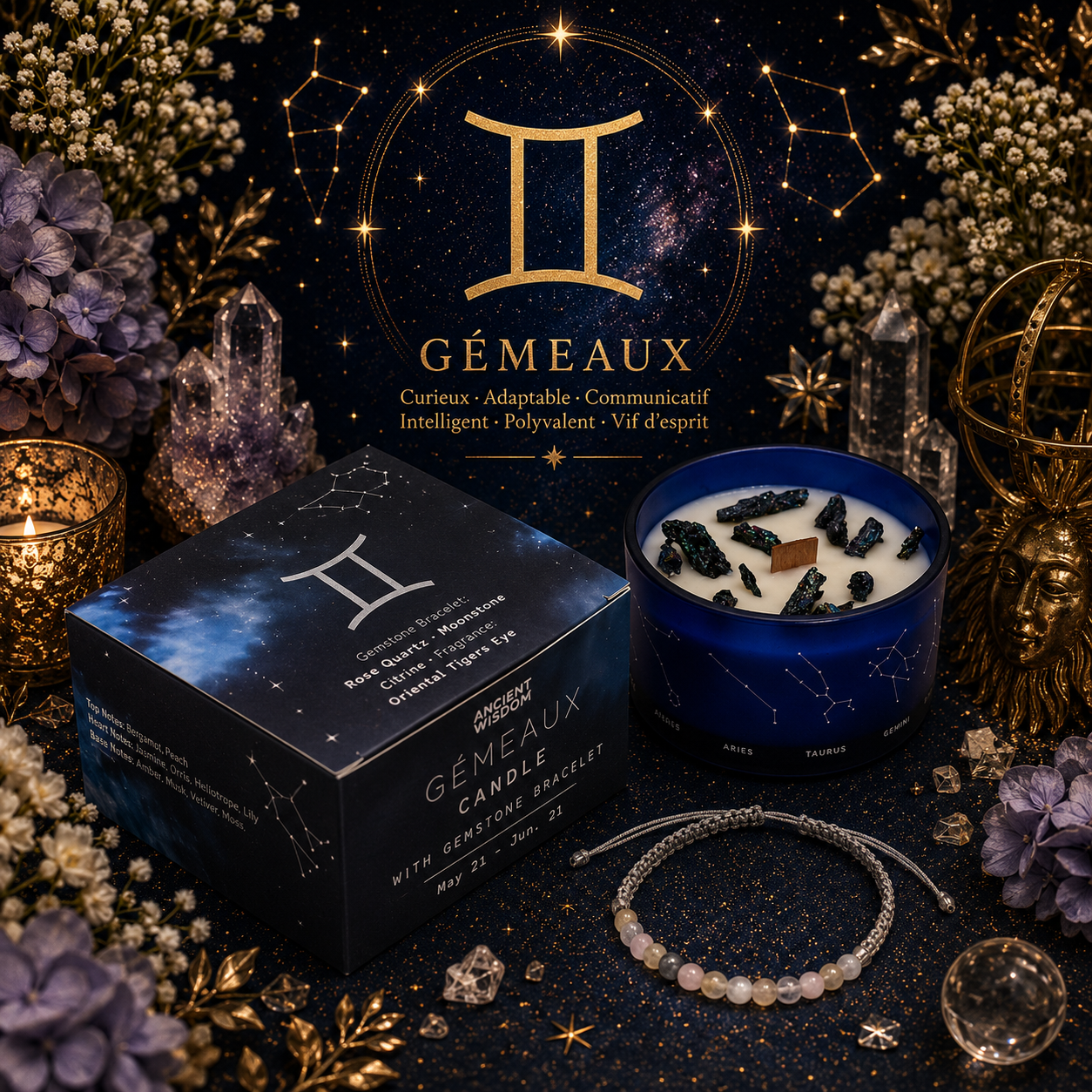 Bougie de Cristal du Zodiaque avec Bracelet de Pierres Précieuses - Gémeaux