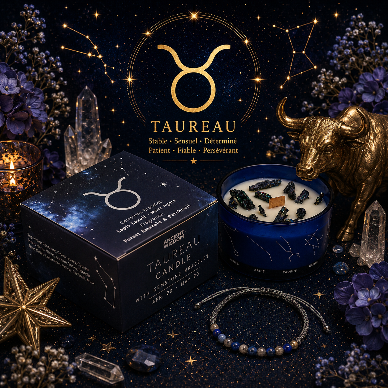 Bougie de Cristal du Zodiaque avec Bracelet de Pierres Précieuses - Taureau