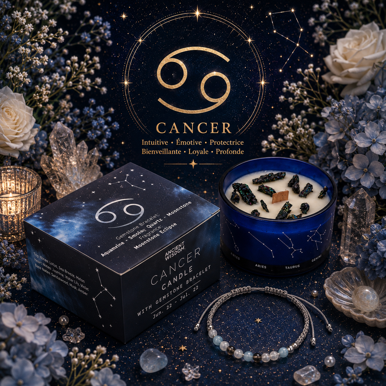 Bougie de Cristal du Zodiaque avec Bracelet de Pierres Précieuses - Cancer