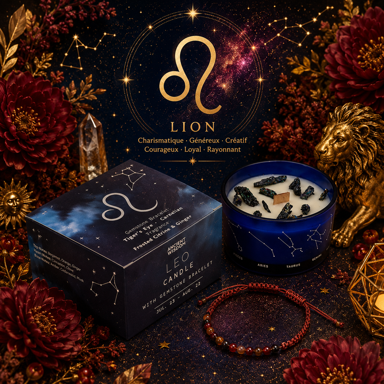 Bougie de Cristal du Zodiaque avec Bracelet de Pierres Précieuses - Lion