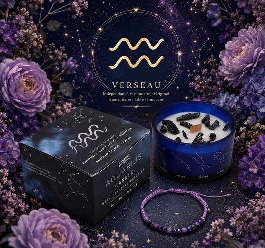 Bougie de Cristal du Zodiaque avec Bracelet de Pierres Précieuses - Verseau