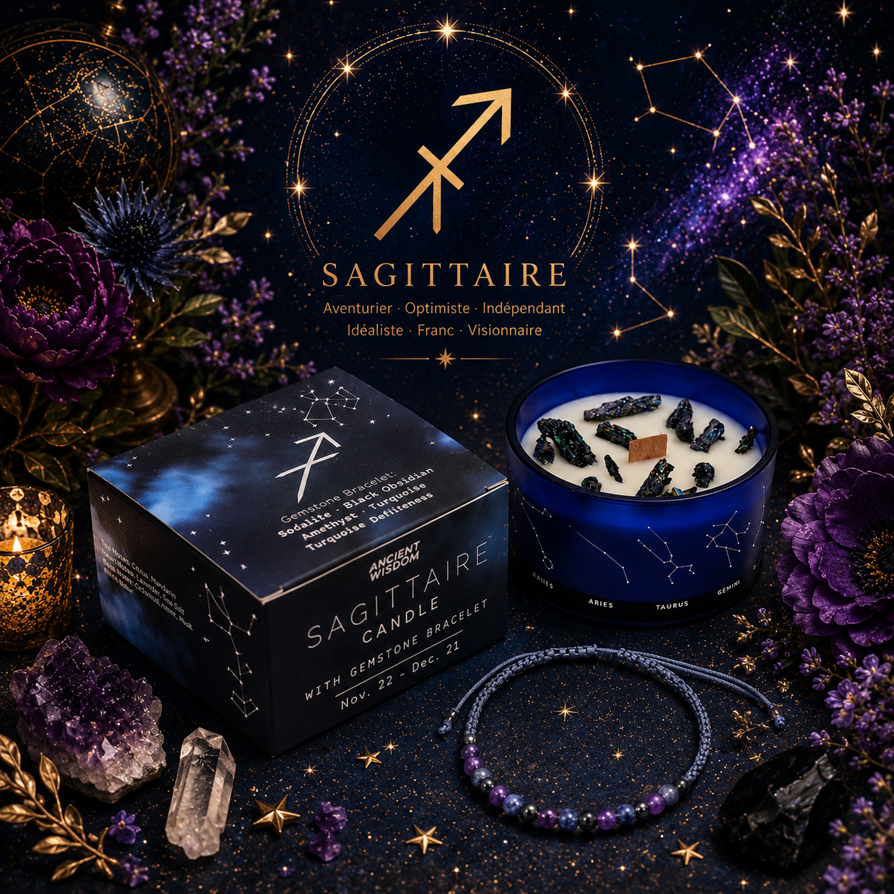 Bougie de Cristal du Zodiaque avec Bracelet de Pierres Précieuses - Sagittaire